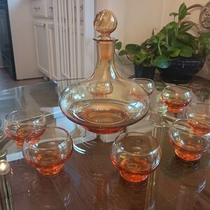 Amber Glass Decanter Set with 6 Matching Cups